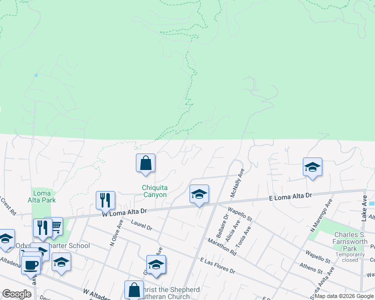 map of restaurants, bars, coffee shops, grocery stores, and more near Jaxine Drive in Altadena