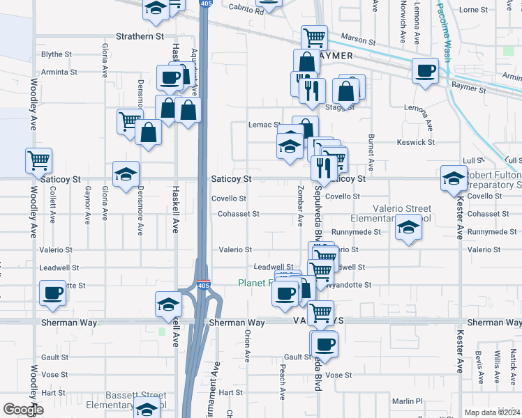 map of restaurants, bars, coffee shops, grocery stores, and more near 15435 Cohasset Street in Los Angeles