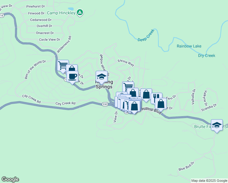 map of restaurants, bars, coffee shops, grocery stores, and more near 2579 Secret Drive in Running Springs