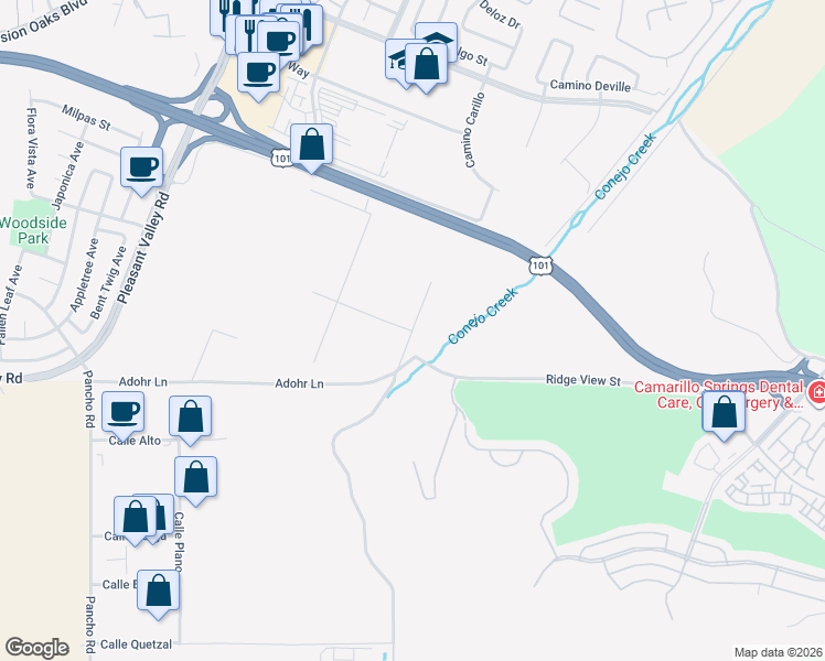 map of restaurants, bars, coffee shops, grocery stores, and more near Ridge View Street in Camarillo
