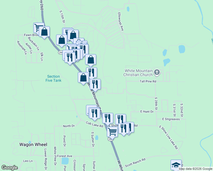 map of restaurants, bars, coffee shops, grocery stores, and more near 2150 Evergreen Lane in Show Low