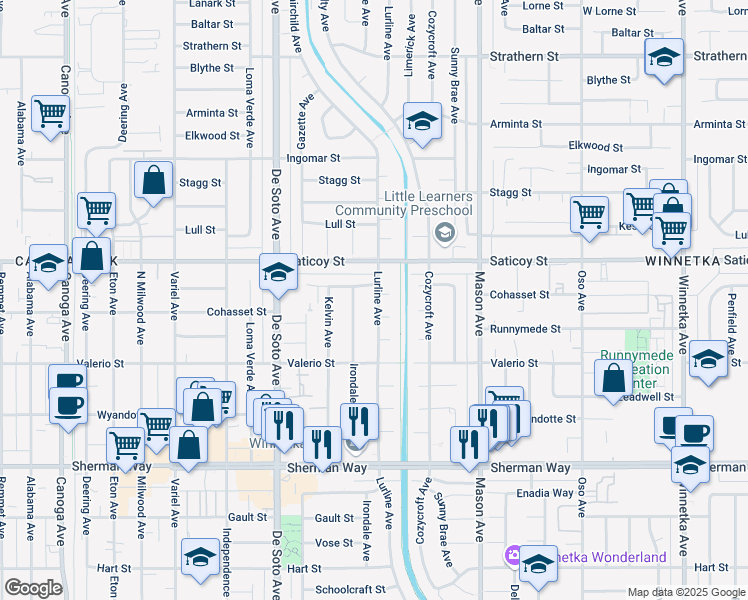 map of restaurants, bars, coffee shops, grocery stores, and more near 7513 Lurline Avenue in Los Angeles