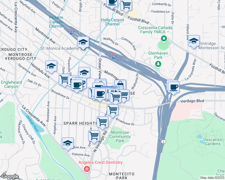 map of restaurants, bars, coffee shops, grocery stores, and more near 1912 Waltonia Drive in La Crescenta-Montrose