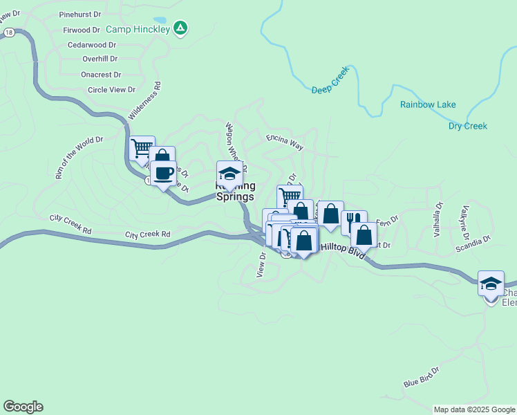 map of restaurants, bars, coffee shops, grocery stores, and more near 2579 Secret Drive in Running Springs