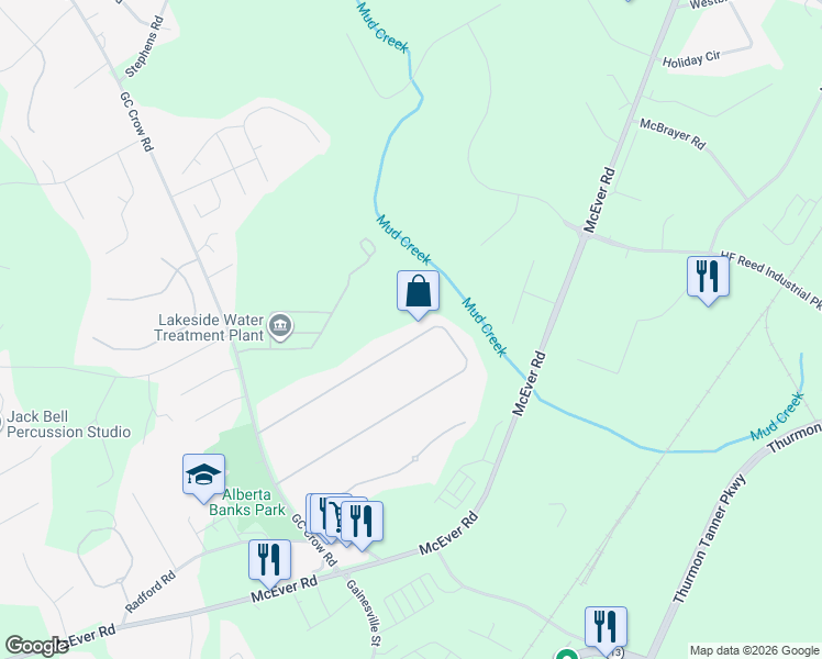 map of restaurants, bars, coffee shops, grocery stores, and more near 5702 Newberry Point Drive in Flowery Branch