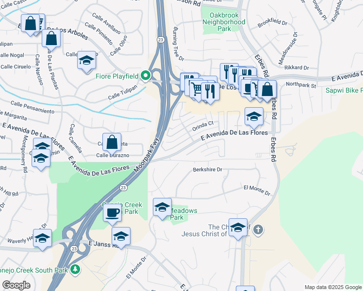 map of restaurants, bars, coffee shops, grocery stores, and more near 1713 East Avenida De Las Flores in Thousand Oaks