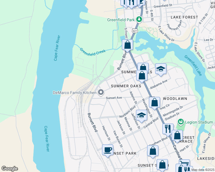 map of restaurants, bars, coffee shops, grocery stores, and more near 1895 Burnett Boulevard in Wilmington