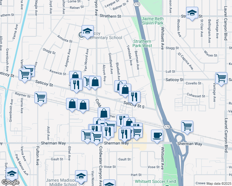 map of restaurants, bars, coffee shops, grocery stores, and more near 12768 Cohasset Street in Los Angeles
