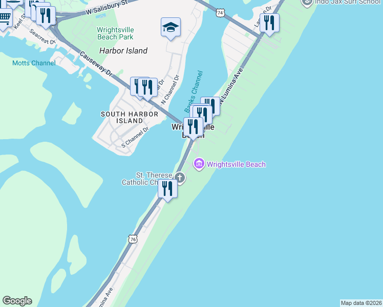map of restaurants, bars, coffee shops, grocery stores, and more near 94 South Lumina Avenue in Wrightsville Beach
