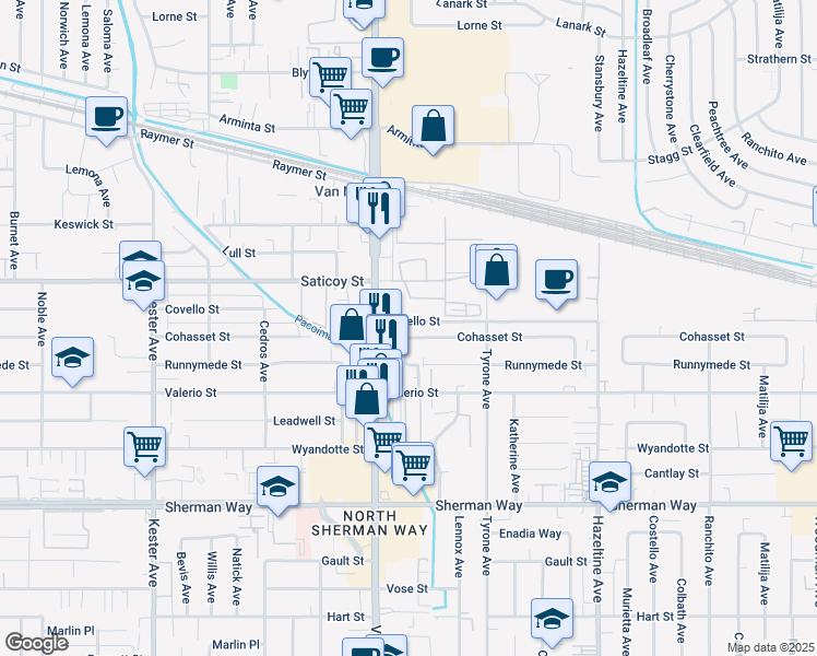 map of restaurants, bars, coffee shops, grocery stores, and more near 14427 Cohasset Street in Los Angeles