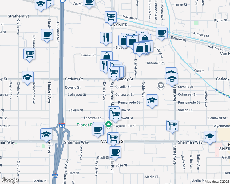 map of restaurants, bars, coffee shops, grocery stores, and more near 7510 Sepulveda Boulevard in Los Angeles