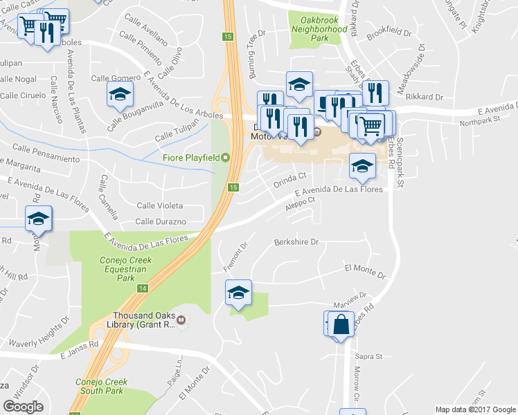 map of restaurants, bars, coffee shops, grocery stores, and more near 1713 East Avenida De Las Flores in Thousand Oaks