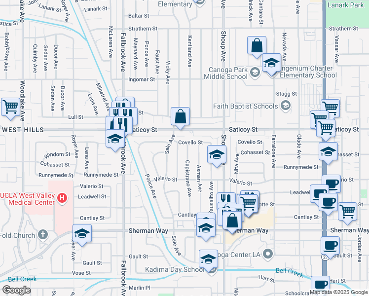 map of restaurants, bars, coffee shops, grocery stores, and more near 7515 Capistrano Avenue in Los Angeles