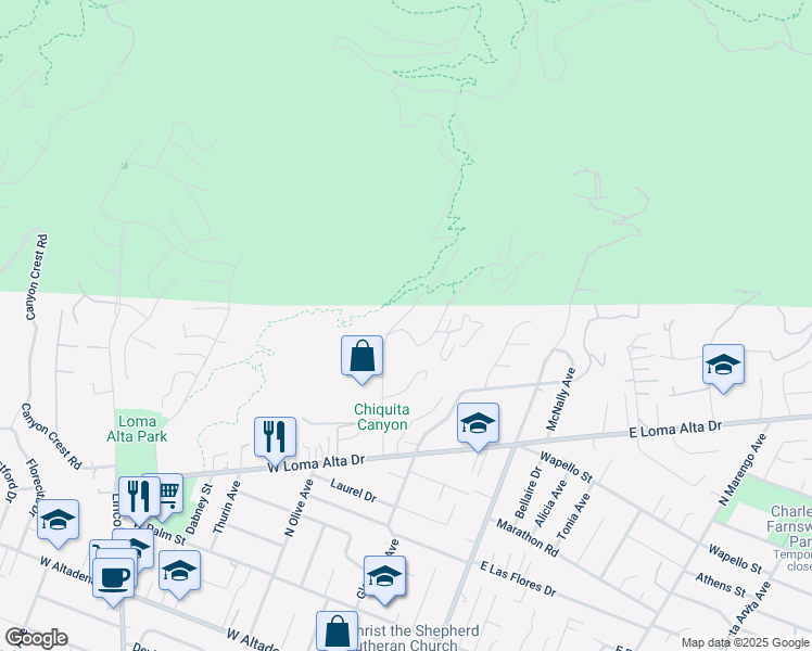map of restaurants, bars, coffee shops, grocery stores, and more near 3696 Chaney Trail in Altadena