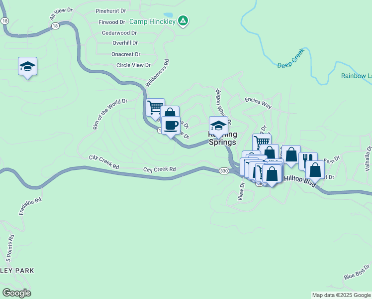 map of restaurants, bars, coffee shops, grocery stores, and more near 31663 Hilltop Boulevard in Running Springs