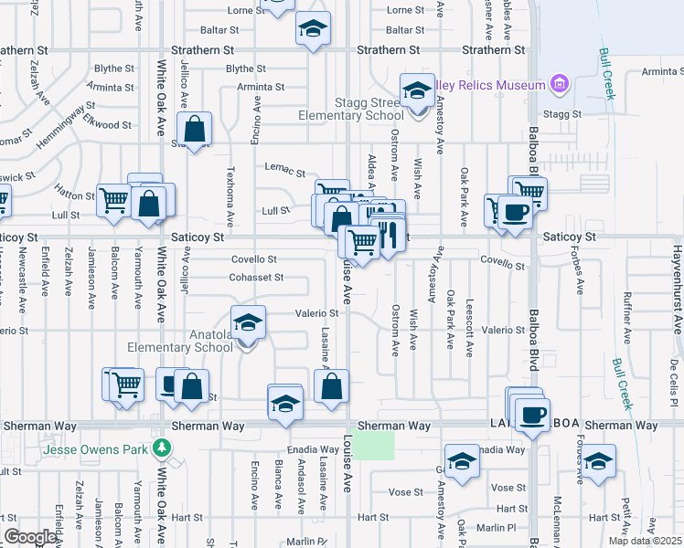 map of restaurants, bars, coffee shops, grocery stores, and more near 7513 Louise Avenue in Los Angeles