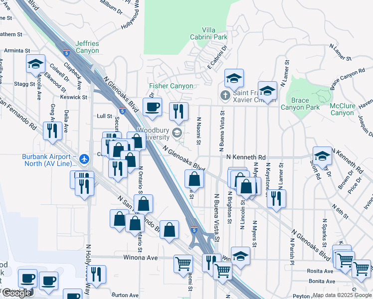 map of restaurants, bars, coffee shops, grocery stores, and more near 7500 North Glenoaks Boulevard in Burbank