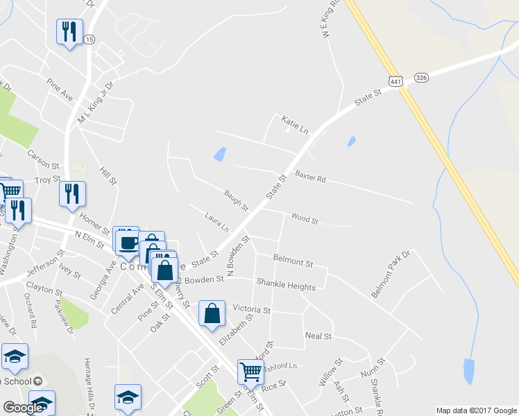 map of restaurants, bars, coffee shops, grocery stores, and more near 0 Wood Street in Commerce