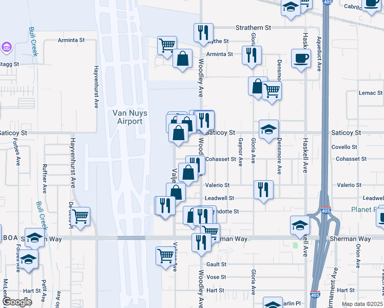map of restaurants, bars, coffee shops, grocery stores, and more near 16128 Covello Street in Los Angeles