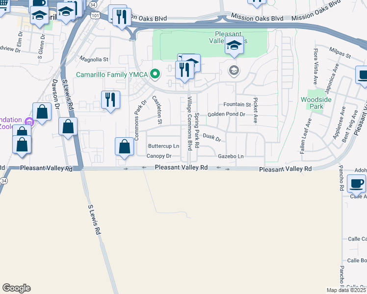 map of restaurants, bars, coffee shops, grocery stores, and more near 520 Town Forest Court in Camarillo