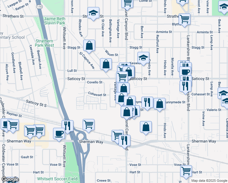 map of restaurants, bars, coffee shops, grocery stores, and more near 7511 Vantage Avenue in Los Angeles