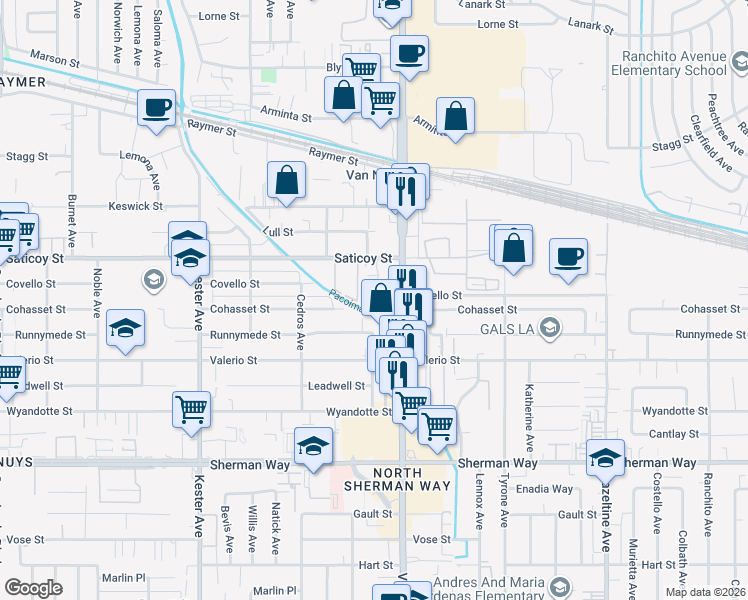 map of restaurants, bars, coffee shops, grocery stores, and more near 7501 Van Nuys Boulevard in Los Angeles