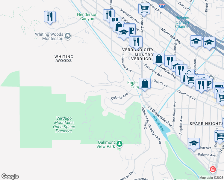 map of restaurants, bars, coffee shops, grocery stores, and more near 959 Eilinita Avenue in Glendale