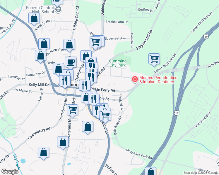 map of restaurants, bars, coffee shops, grocery stores, and more near 138 Eastern Circle in Cumming