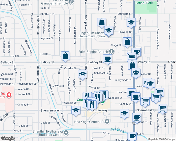 map of restaurants, bars, coffee shops, grocery stores, and more near 7516 Shoup Avenue in Los Angeles