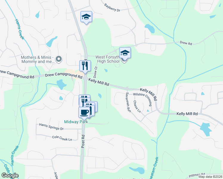 map of restaurants, bars, coffee shops, grocery stores, and more near 4990 Kelly Mill Road in Cumming