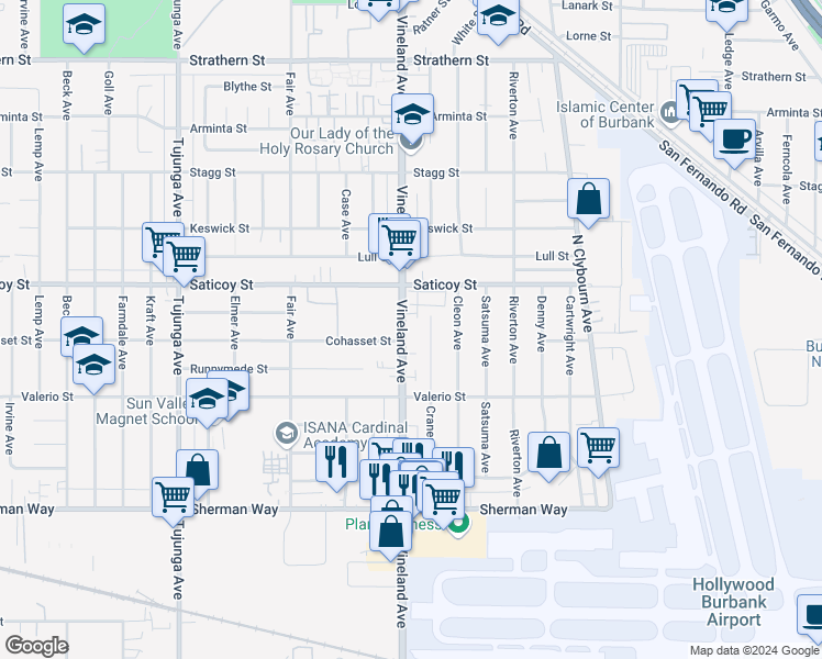map of restaurants, bars, coffee shops, grocery stores, and more near 7512 Vineland Avenue in Los Angeles