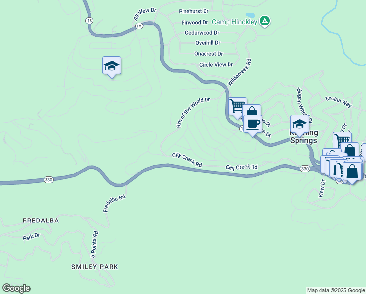 map of restaurants, bars, coffee shops, grocery stores, and more near 2541 Catalina Drive in Running Springs