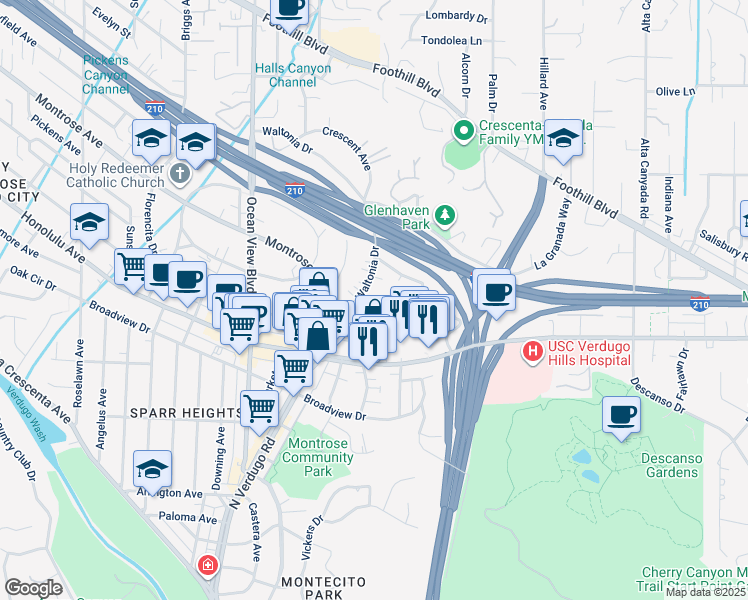 map of restaurants, bars, coffee shops, grocery stores, and more near 1949 Waltonia Drive in La Crescenta-Montrose