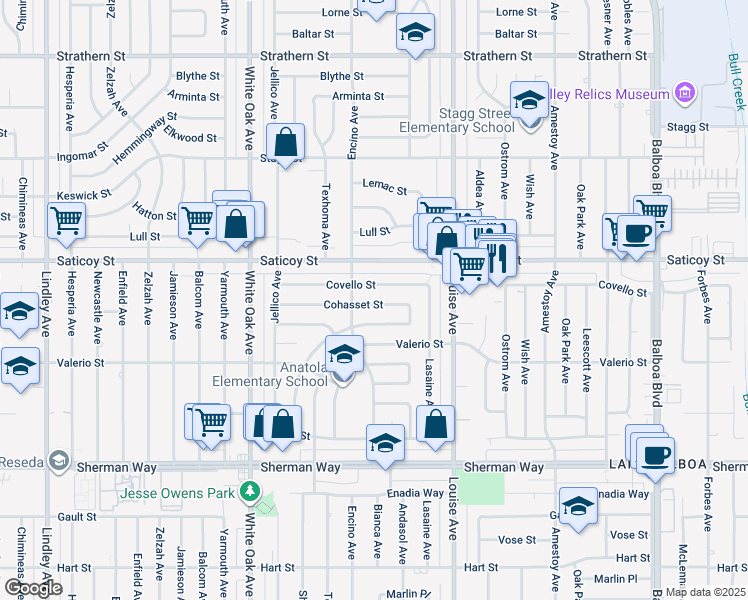 map of restaurants, bars, coffee shops, grocery stores, and more near 17444 Covello Street in Los Angeles