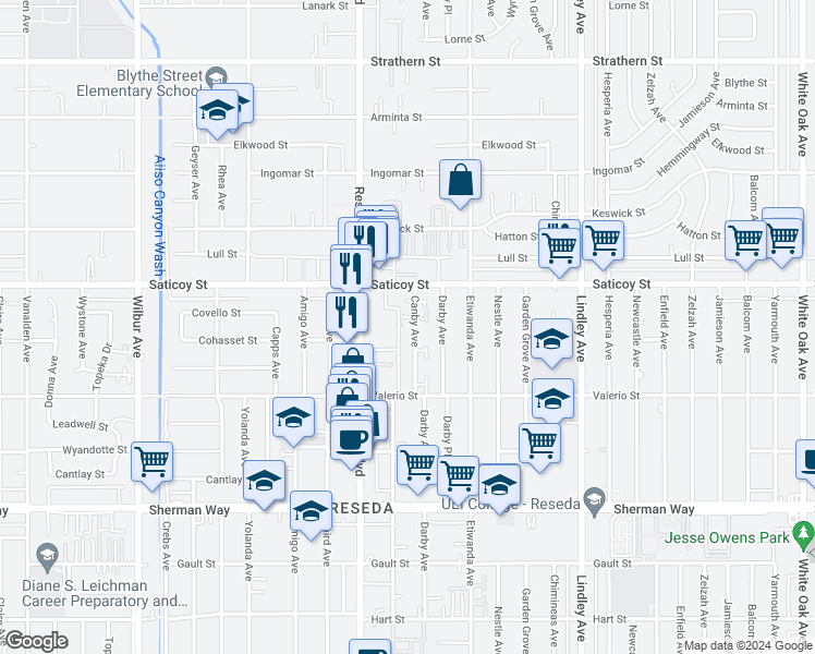 map of restaurants, bars, coffee shops, grocery stores, and more near 7531 Canby Avenue in Los Angeles
