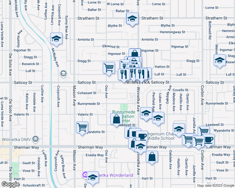 map of restaurants, bars, coffee shops, grocery stores, and more near 20203 Cohasset Street in Los Angeles