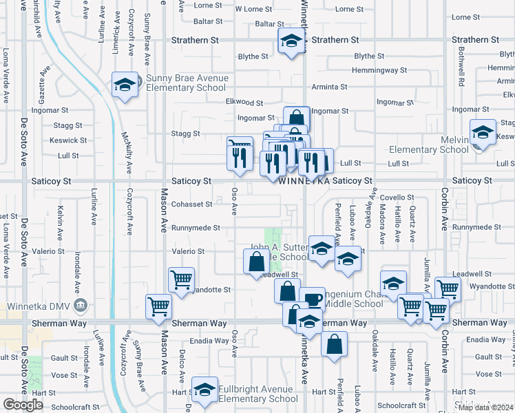 map of restaurants, bars, coffee shops, grocery stores, and more near 20203 Cohasset Street in Los Angeles