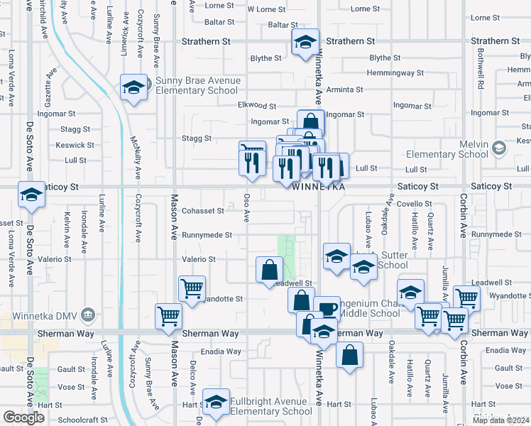map of restaurants, bars, coffee shops, grocery stores, and more near 7585 Oso Avenue in Los Angeles