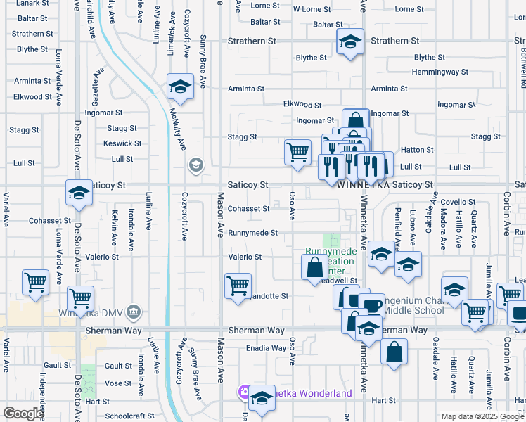 map of restaurants, bars, coffee shops, grocery stores, and more near 20326 Saticoy Street in Los Angeles