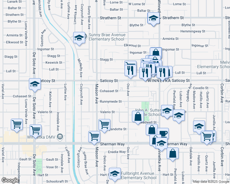 map of restaurants, bars, coffee shops, grocery stores, and more near 20326 Saticoy Street in Los Angeles