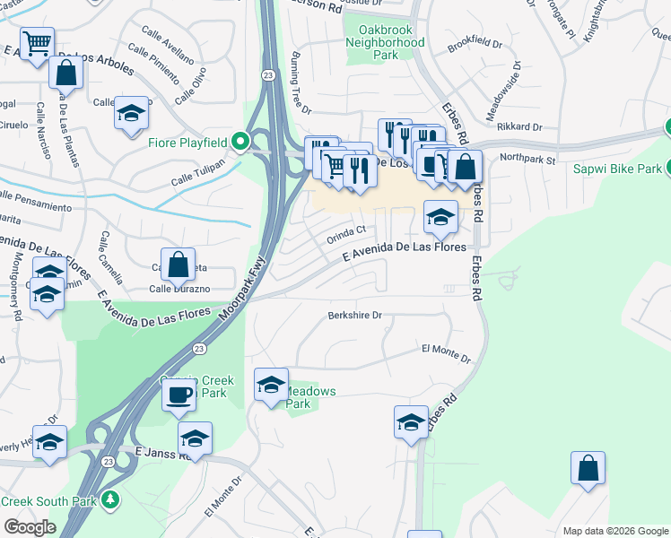 map of restaurants, bars, coffee shops, grocery stores, and more near 1765 East Avenida De Las Flores in Thousand Oaks