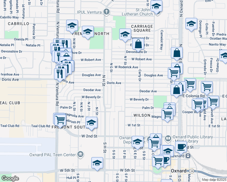 map of restaurants, bars, coffee shops, grocery stores, and more near 515 North G Street in Oxnard