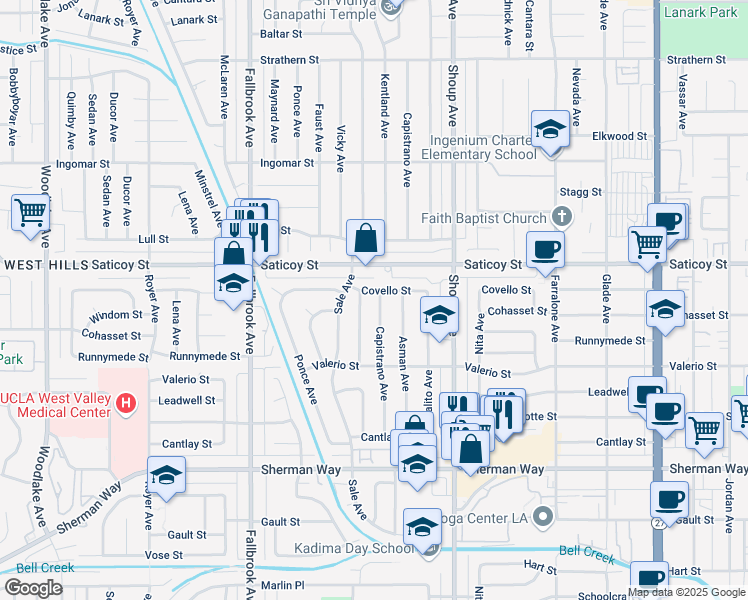map of restaurants, bars, coffee shops, grocery stores, and more near 7515 Capistrano Avenue in Los Angeles