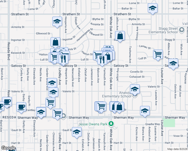 map of restaurants, bars, coffee shops, grocery stores, and more near 7512 Jamieson Avenue in Los Angeles