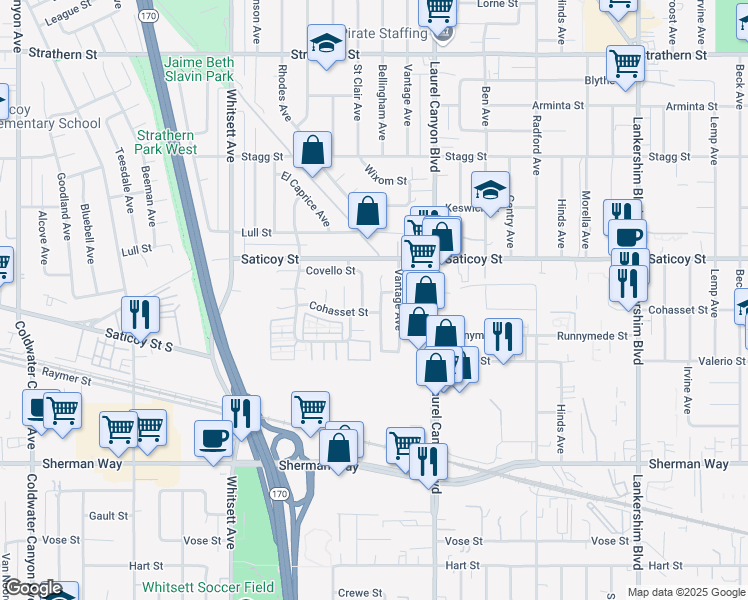 map of restaurants, bars, coffee shops, grocery stores, and more near 7515 Bellingham Avenue in Los Angeles