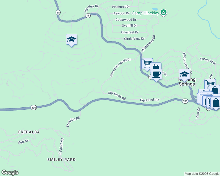 map of restaurants, bars, coffee shops, grocery stores, and more near 2541 Catalina Drive in Running Springs