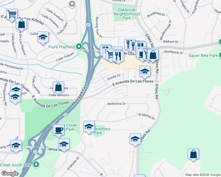 map of restaurants, bars, coffee shops, grocery stores, and more near 1765 East Avenida De Las Flores in Thousand Oaks