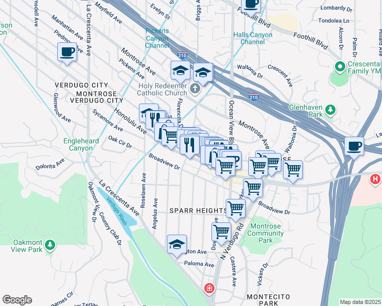 map of restaurants, bars, coffee shops, grocery stores, and more near 3824 Orangedale Avenue in La Crescenta-Montrose