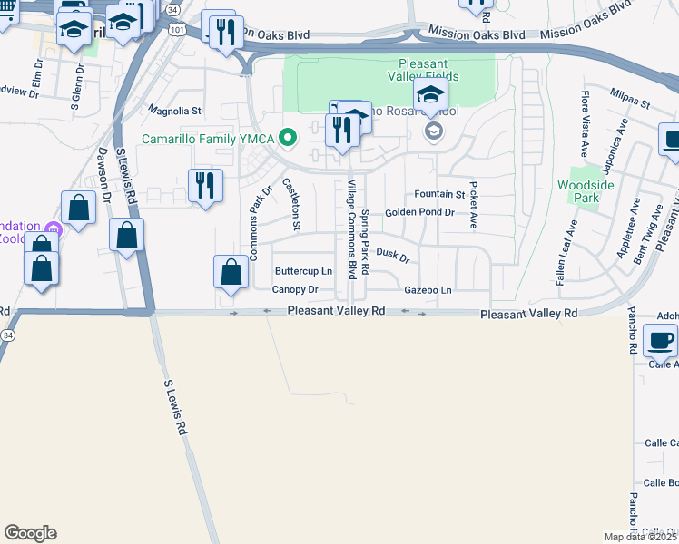 map of restaurants, bars, coffee shops, grocery stores, and more near 520 Town Forest Court in Camarillo