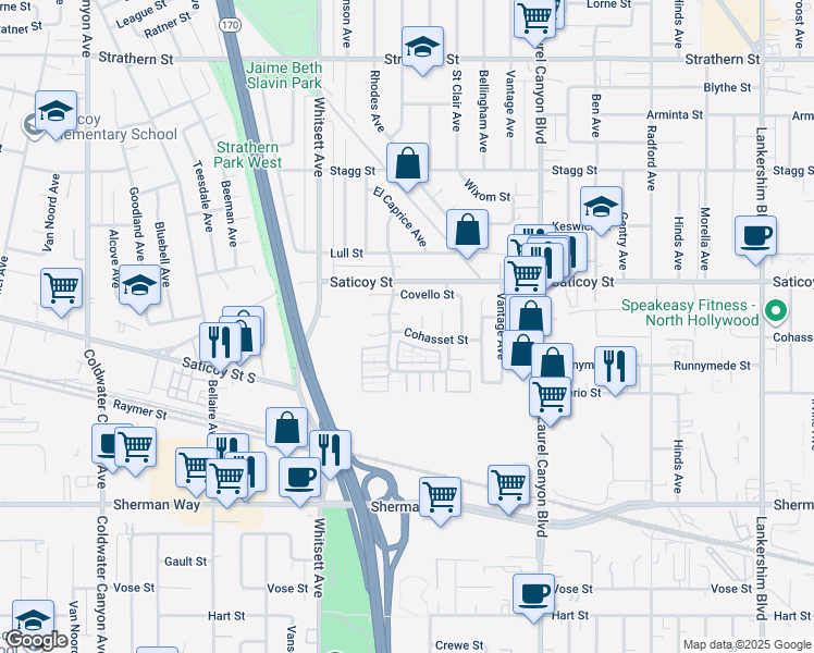 map of restaurants, bars, coffee shops, grocery stores, and more near 12331 Cohasset Street in Los Angeles